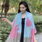 KHĂN LỤA DÀI VẼ TAY HOA SEN NỀN XANH DƯƠNG