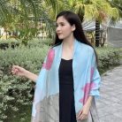 KHĂN LỤA TƠ TẰM DÀI VẼ TAY HOA SEN NỀN XANH